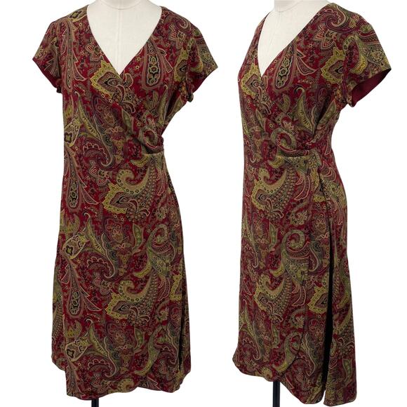 Vintage 90s Ralph Lauren Silk Paisley Knee Length Dress Faux Wrap Red Green S - Picture 1 of 7